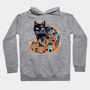 Black cat sitting in front of a colourful city Hoodie